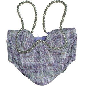 For Love & Lemons sz S Bustier Corset top Purple Tweed Pearl Metallic Accents